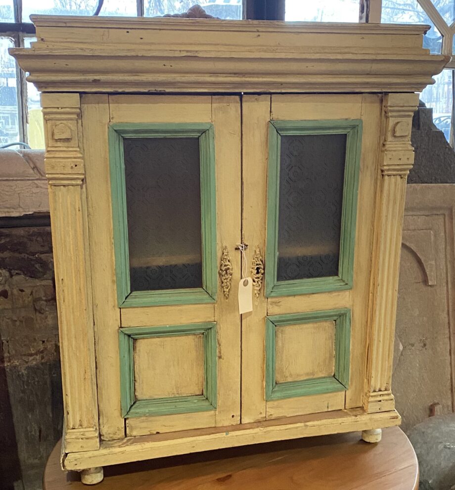 Off White and Teal Antique Cabinet w Fluted Trim and Corbels