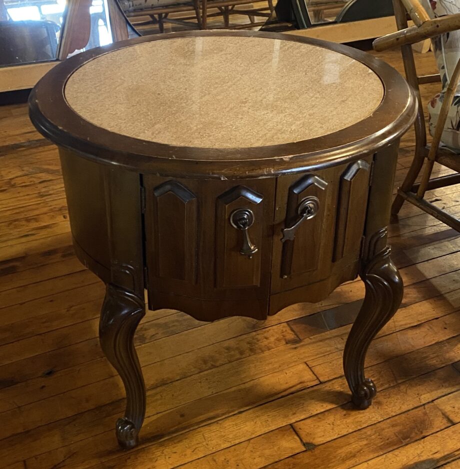 Round Marble Inlay Wood End Table w Carved Legs