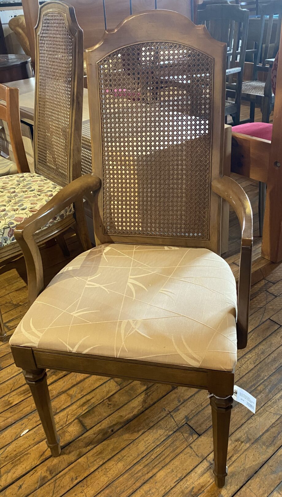 Tan and Bamboo Pattern Upholstered Cane Back Dining Chair w Etched Legs