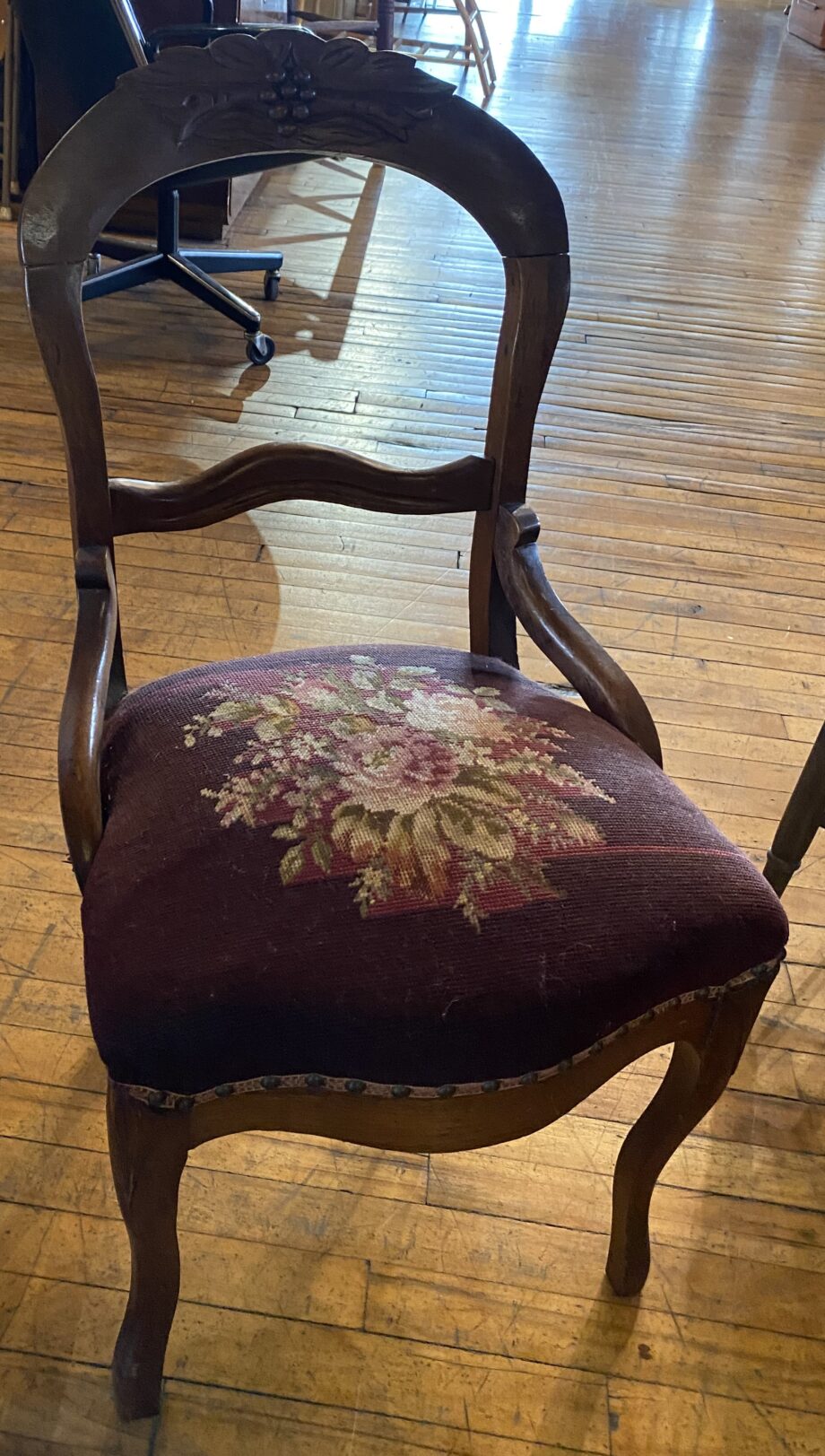 Purple Floral Needlepoint Chair w Carved Wood Back