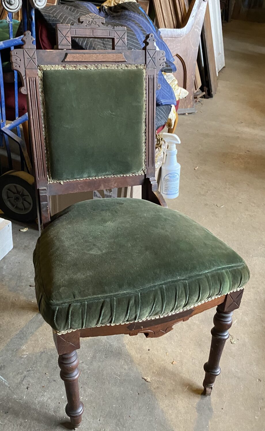 Green Suede and Wood Chair w Carvings