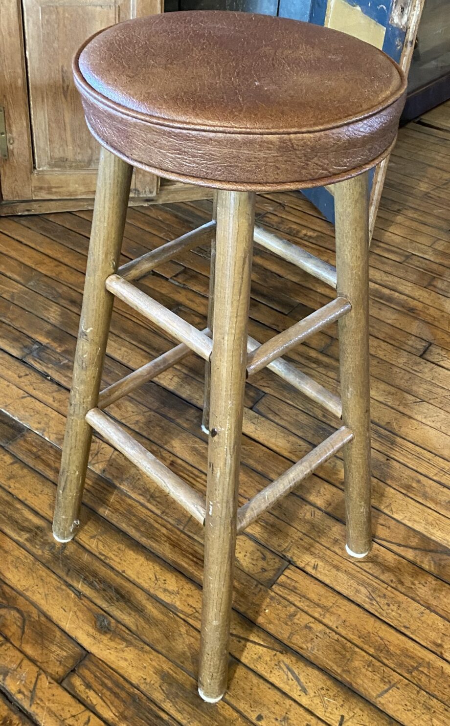 Brown Leather Topped Wooden Stool