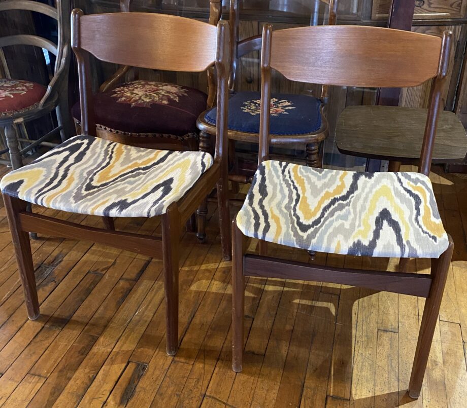 Navy Grey and Yellow Patterned Chair w 2 Wood Tones