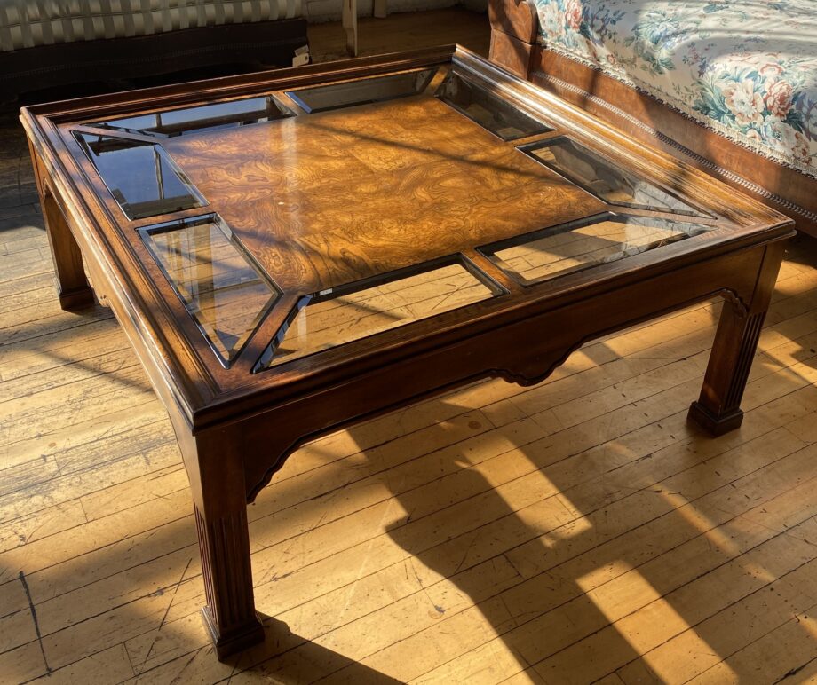 Large Burled Coffee Table w Bevel Glass Inlays