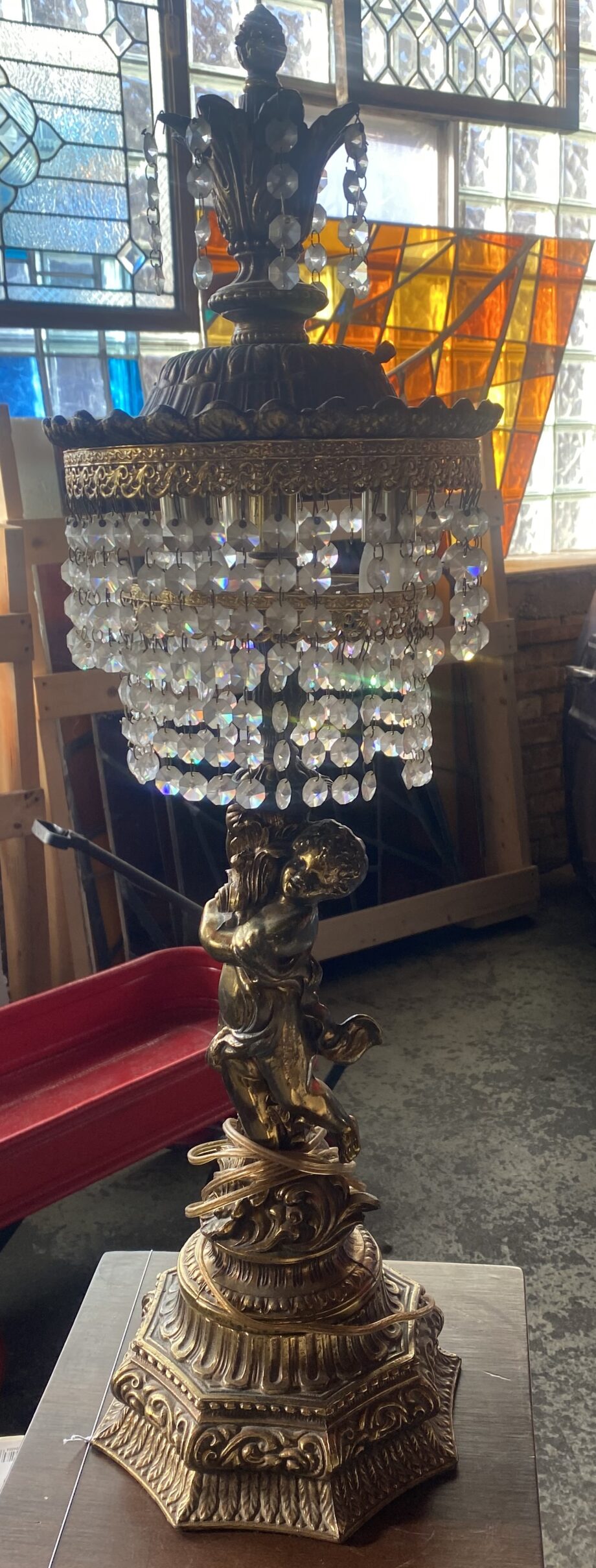 Gilded Cherub Lamp w Prisms