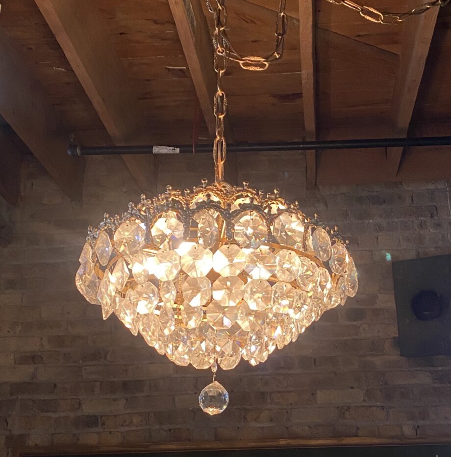 2 Tier 6 Light Gold Sash Chandelier w Round Prisms