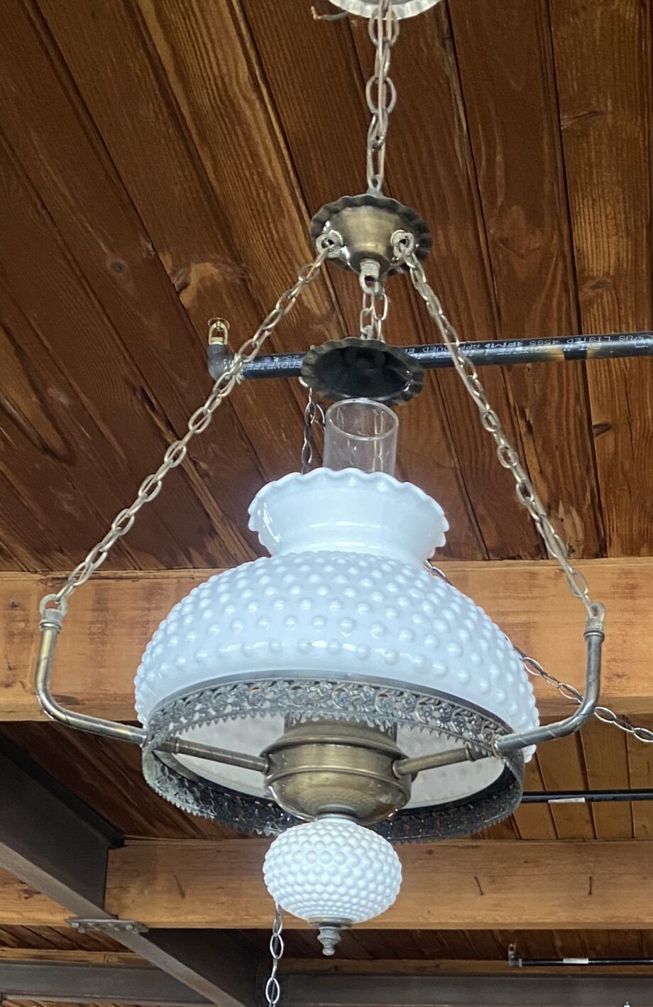 White Beaded Milk Glass Hanging Light w Lantern Insert