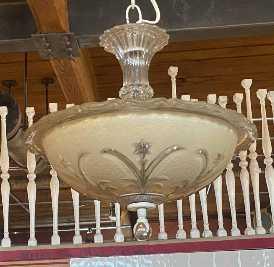 Cream Glass Chandelier w Etched Glowers and Ball Pendant