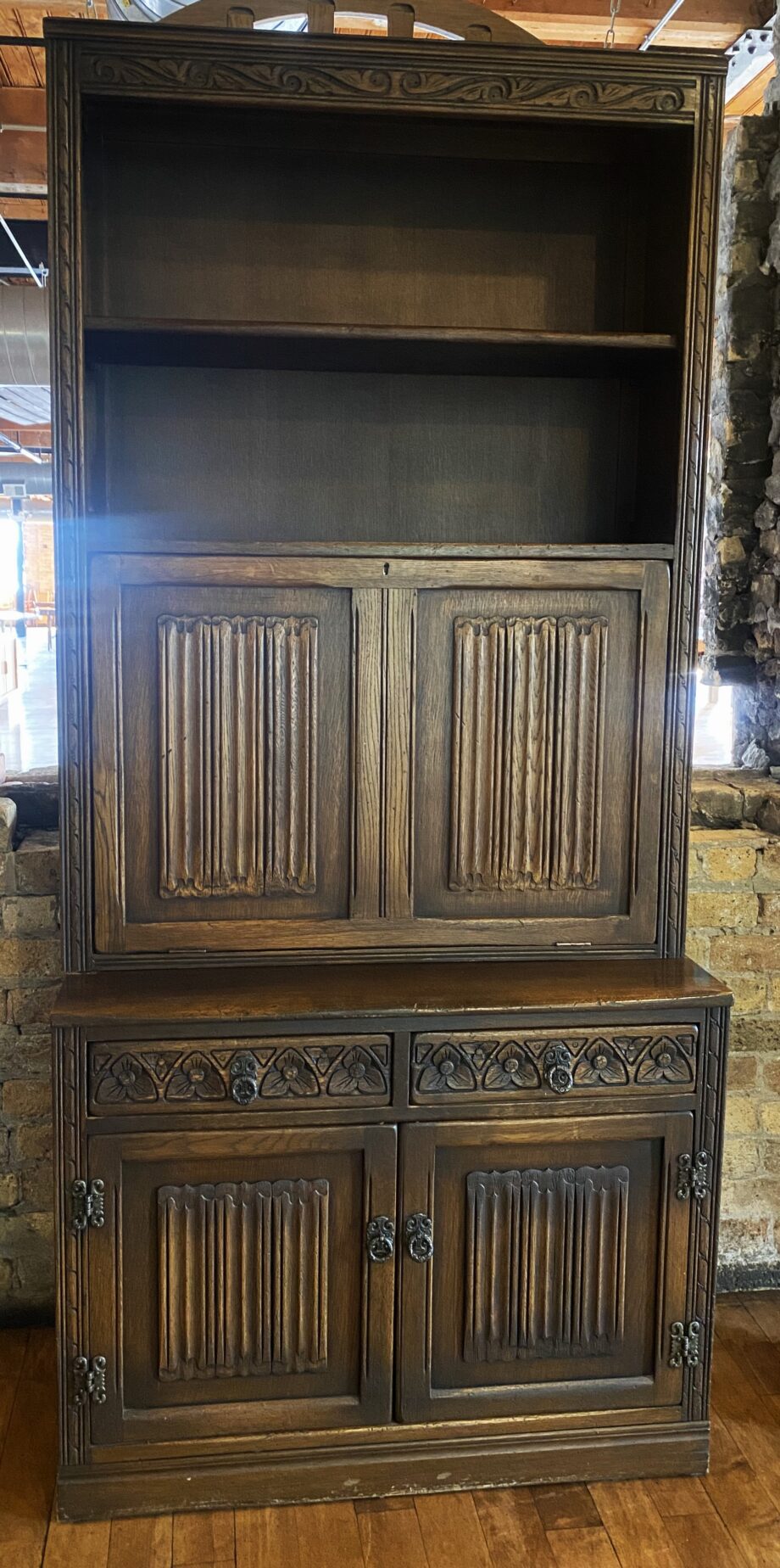 Carved Wood Bookshelf w Fold Out Compartment and 2 Drawers