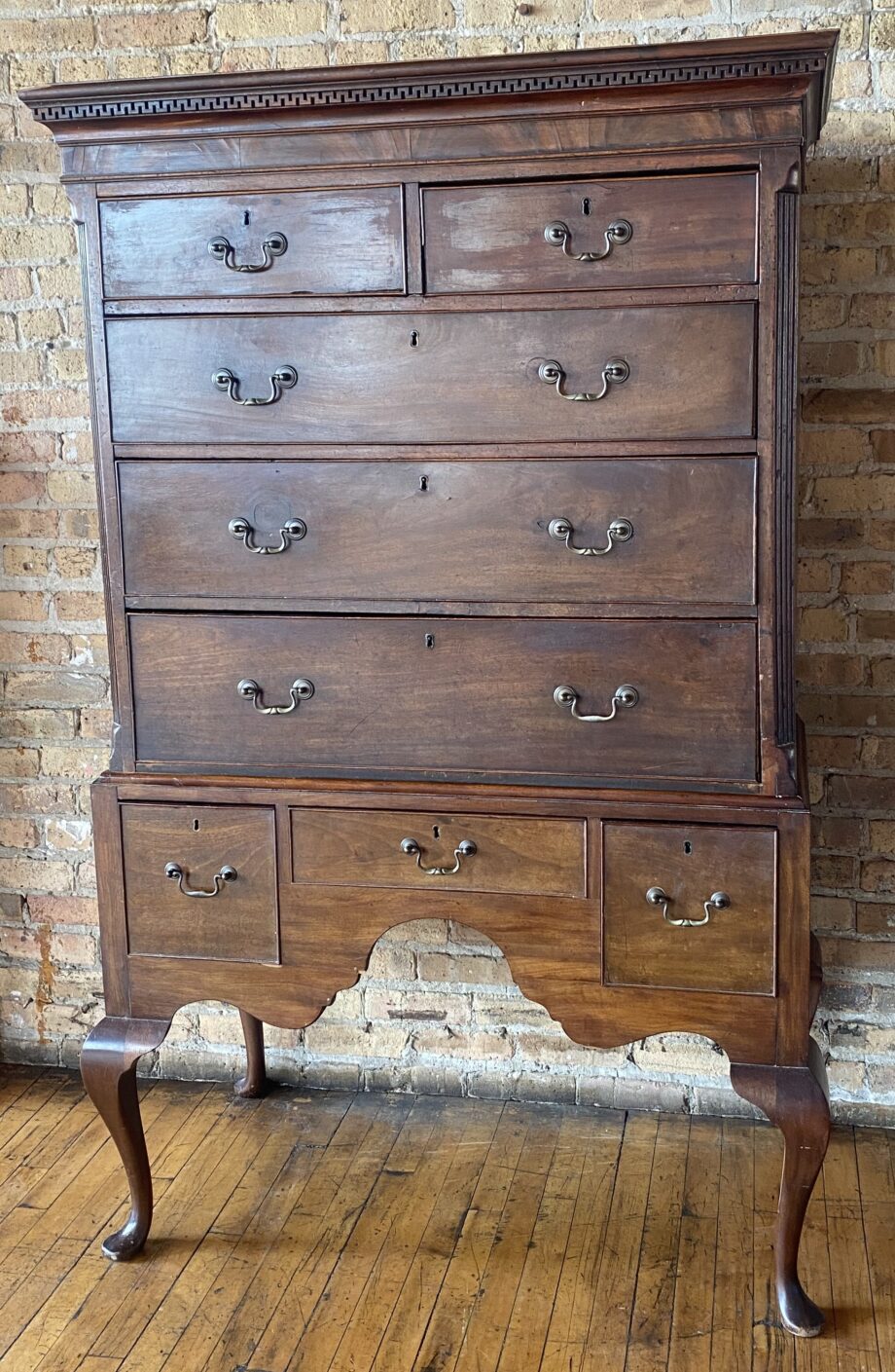 8 Drawer Tall Antique Dresser w Zig Zag Carved Top