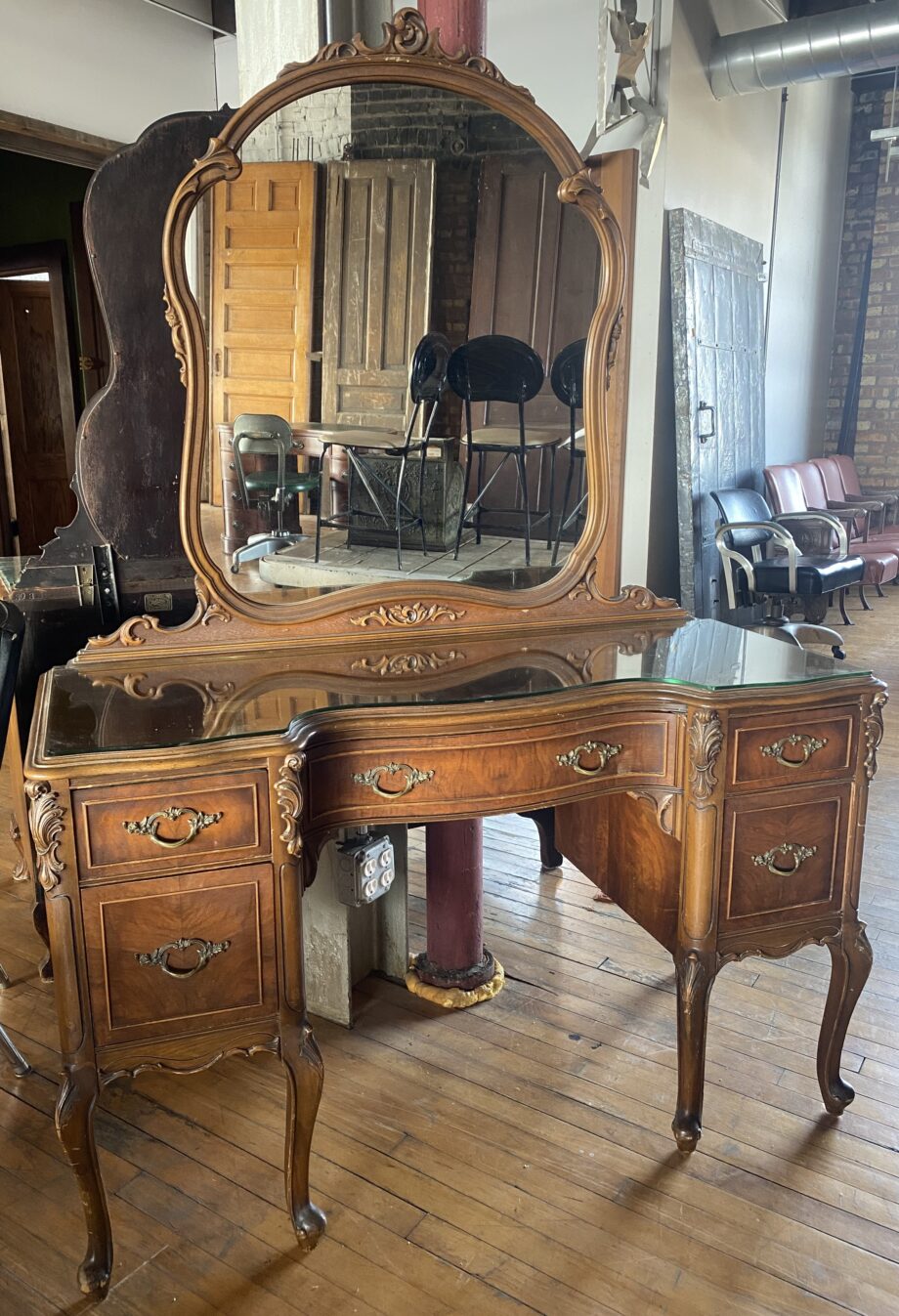 Ornate Carved Vanity Dresser w 5 Drawers and Glass Top