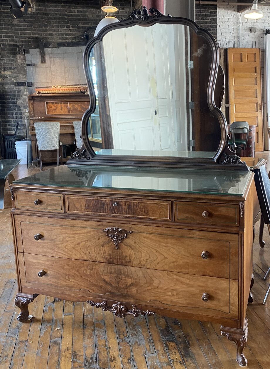 Peaks and Mills 5 Drawer Carved Mirror Top Dresser