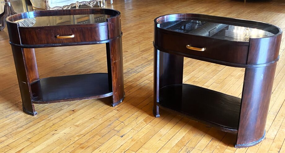 Oval Curved End Table w Drawer and Glass Top