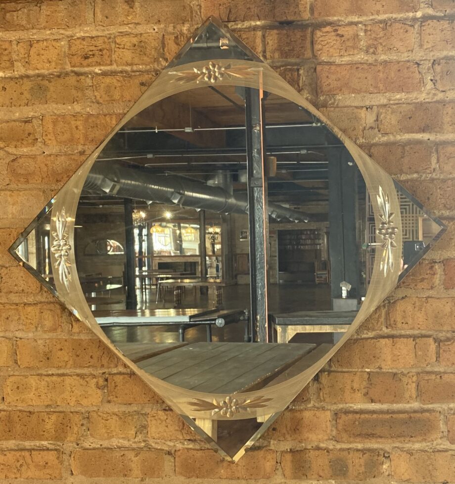 Diamond Shaped Floral and Circular Lined Etched Mirror