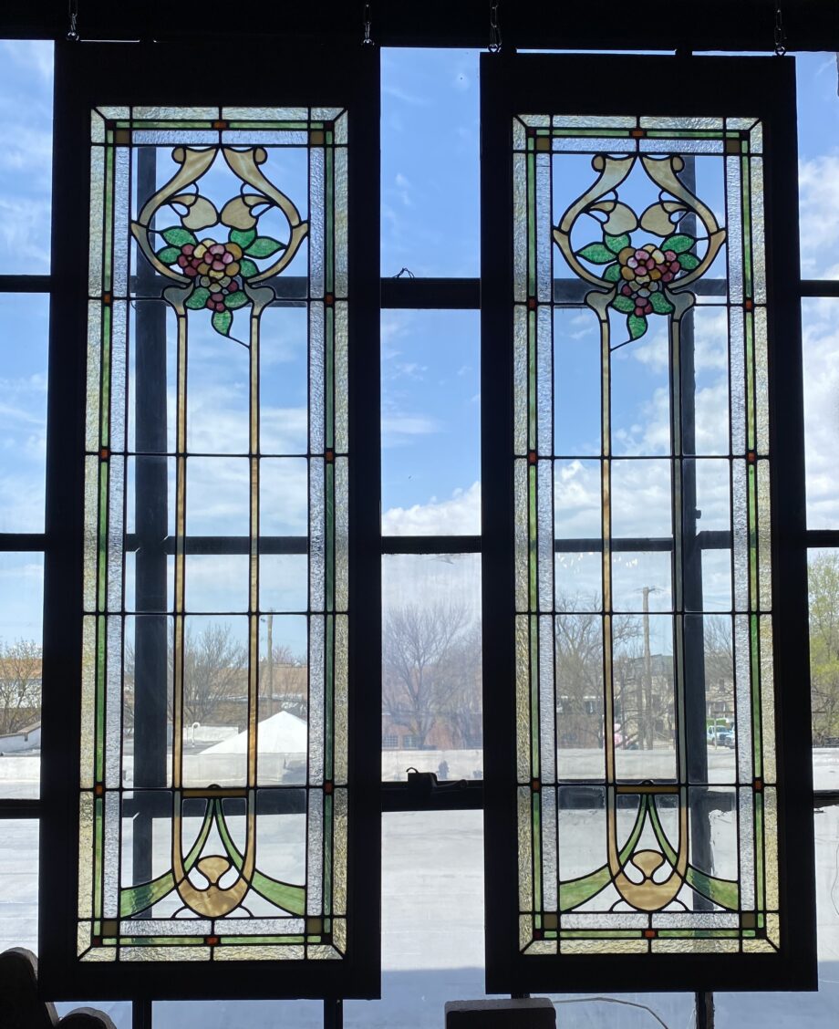 Rectangular Stained Glass w Pink and Yellow Flower Bouquet