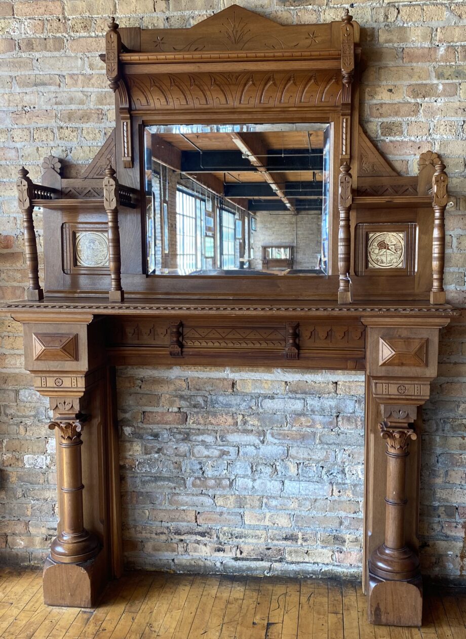 Full Mantle w Wood Carvings and Fairy-tale Tiles w Mirror