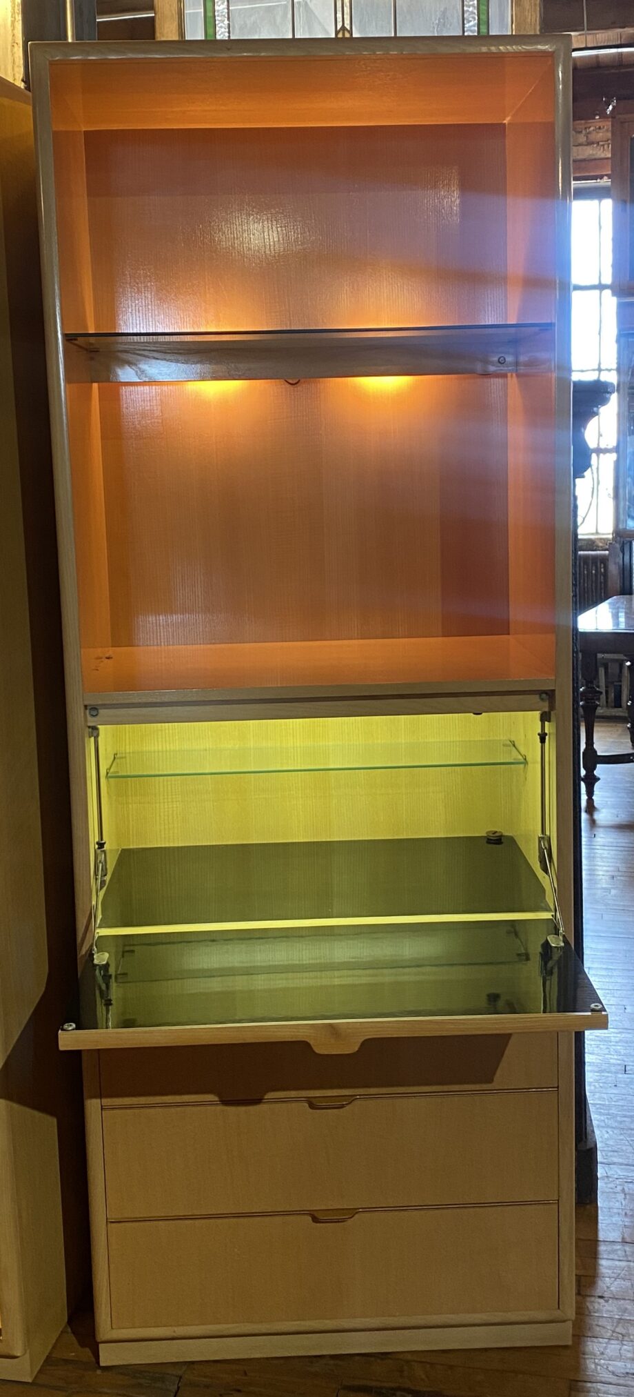 Drexel Back Lit Console w Bar Cabinet and Glass Shelves