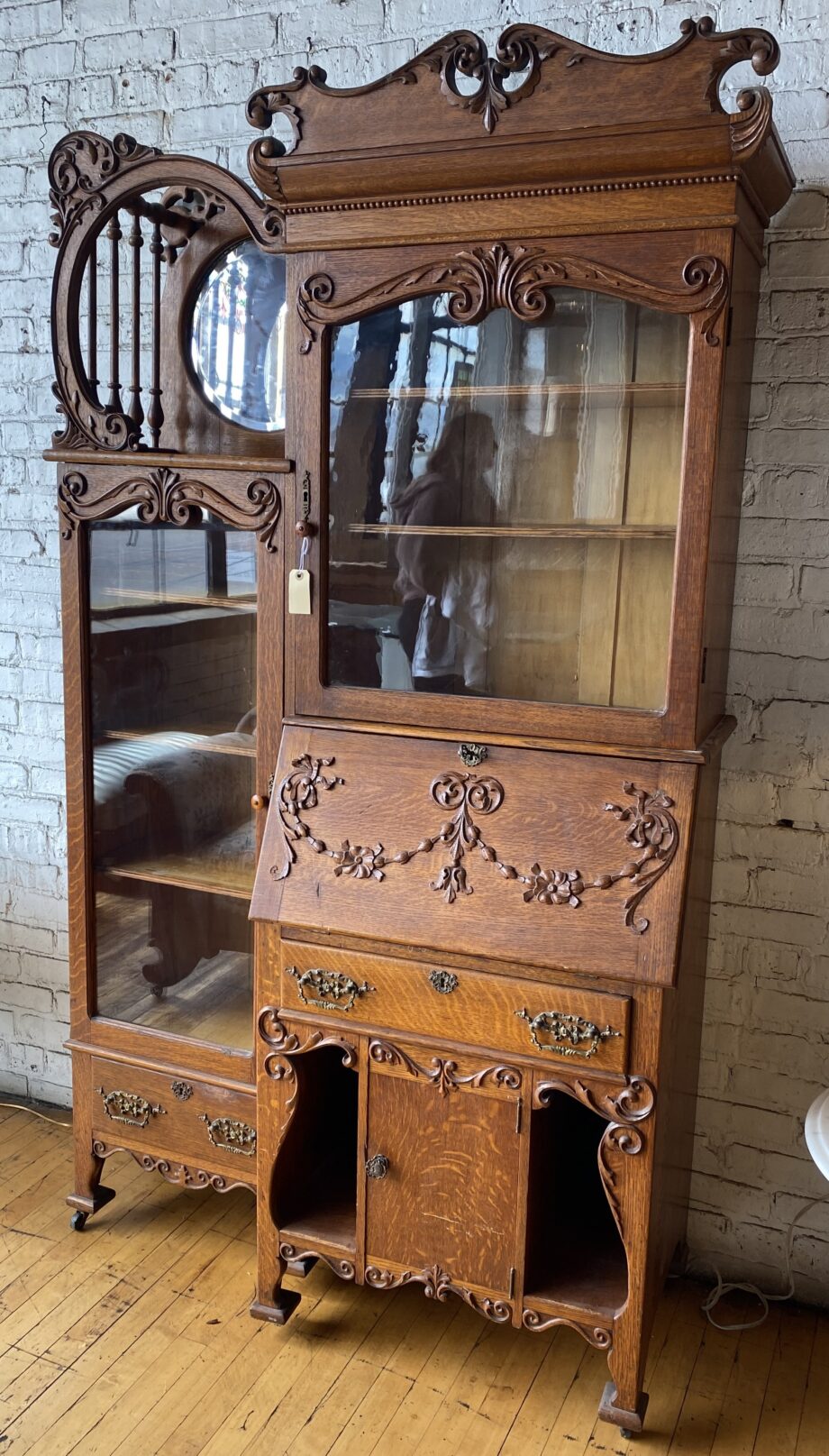 Wood Carved Glass Display Cabinet w Secretary and Mirror