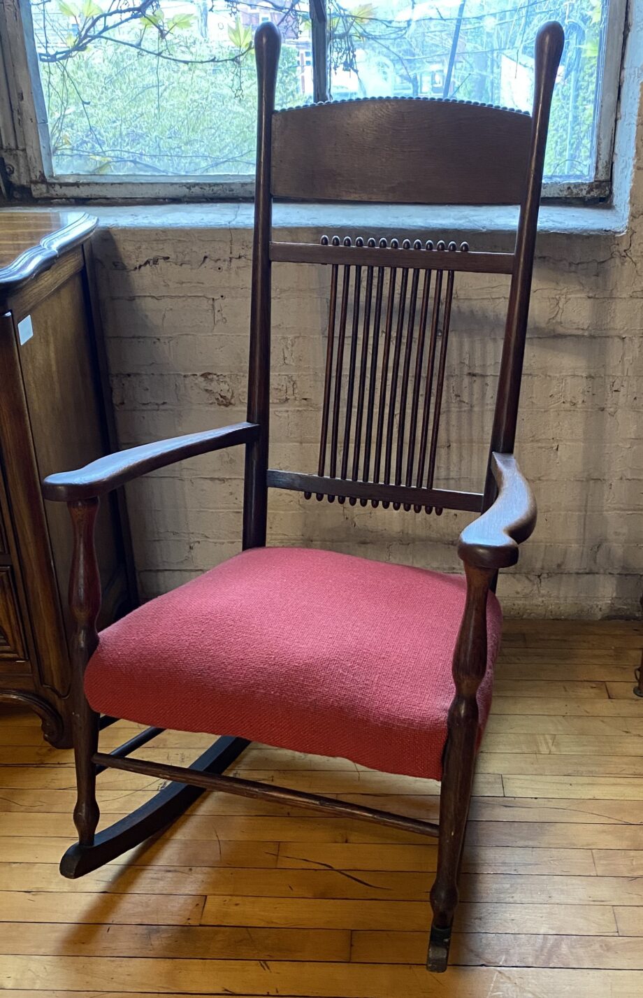 Wood Rocking Chair w Beaded Accents and Red Cushion