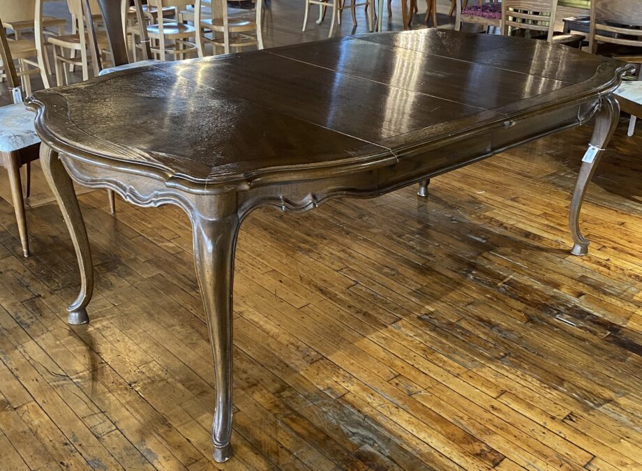 Dark Etched Wood Top Table w Cabriolet Legs and 2 Leaves