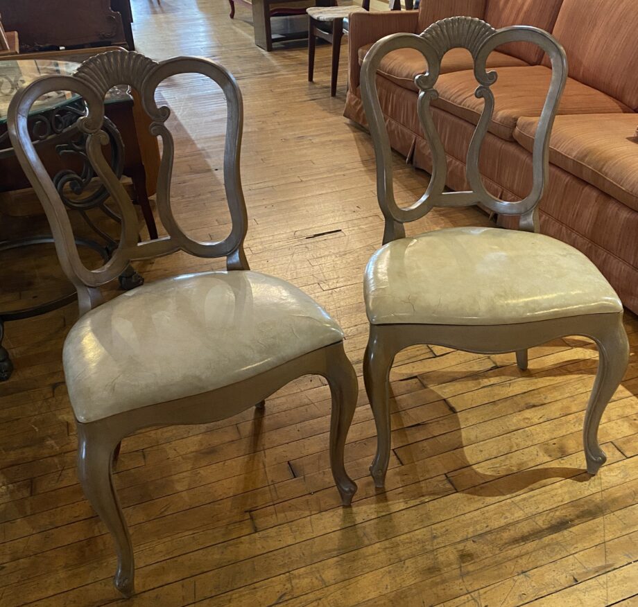 Tan Curled Wood Chair w Cream Vinyl Seat