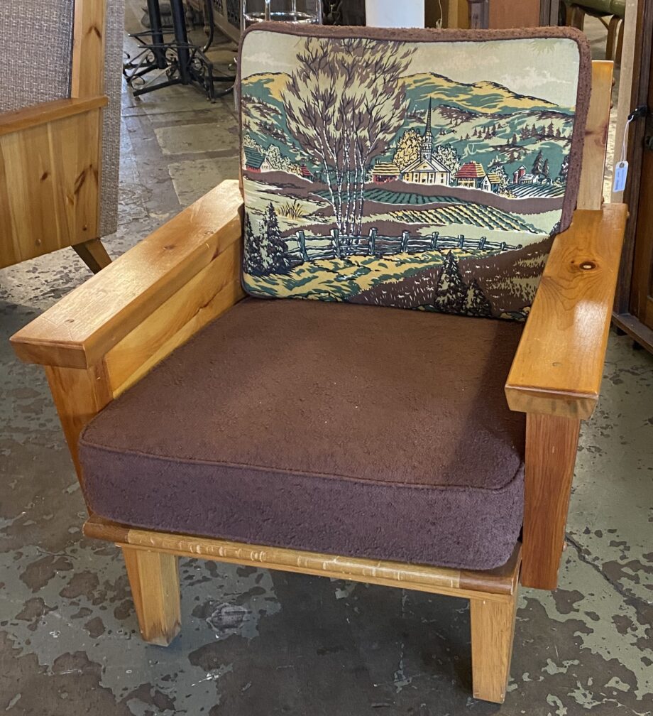 Habitant Knotty Pine Low Back Arm Chair w Scenic Cushion