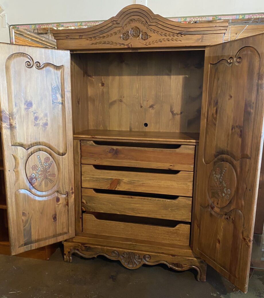 Tri Color Floral Engraved Armoire w Drawers