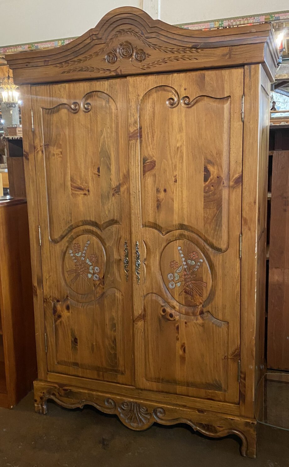 Tri Color Floral Engraved Armoire w Drawers