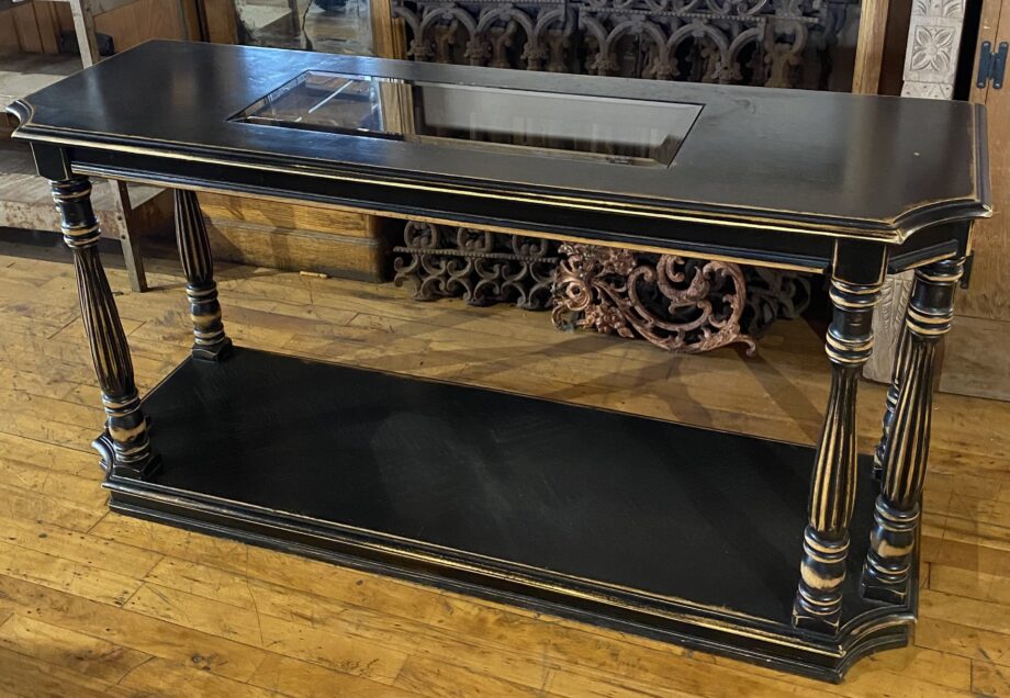 Black and Gold Columned Console Table w Glass