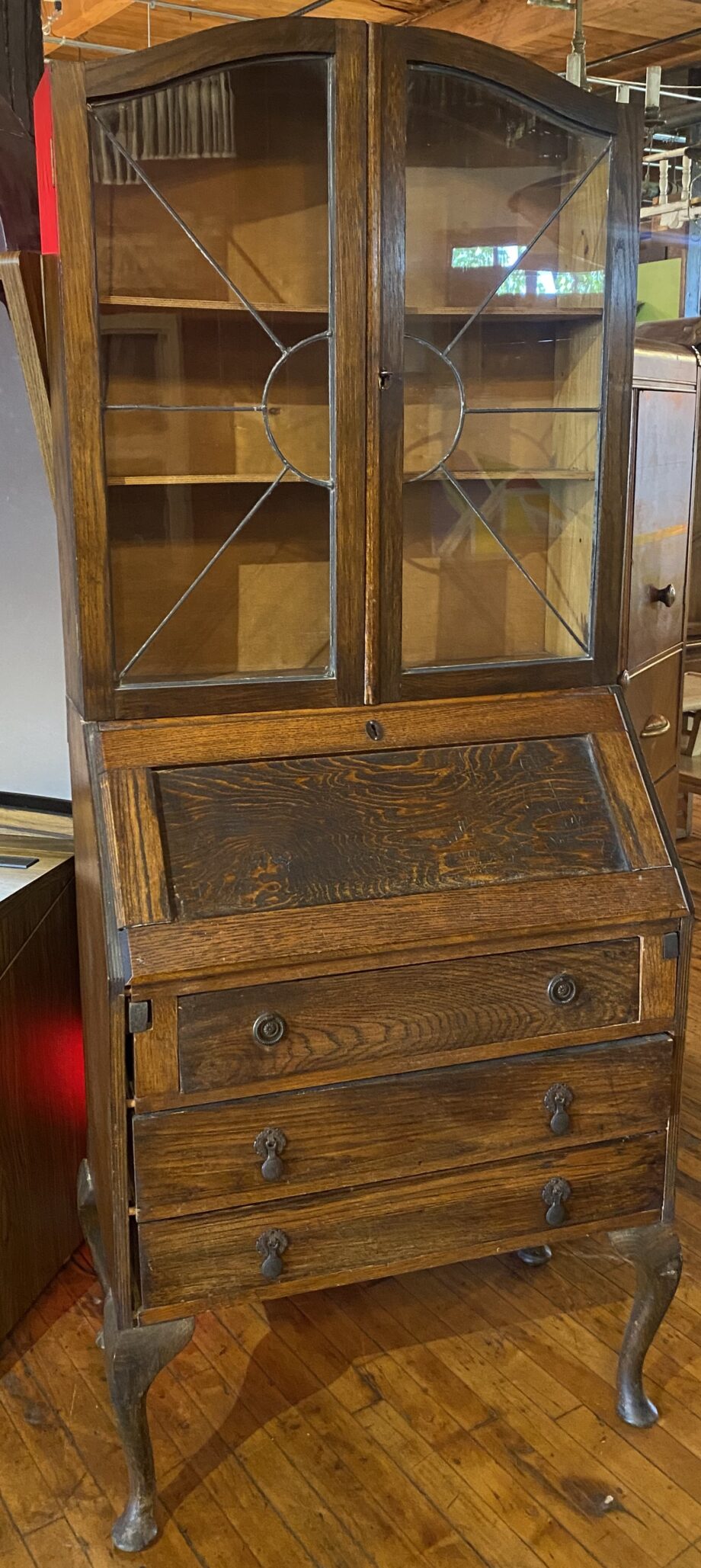 Antique Secretary and Cabinet w 3 Drawers and Leaded Glass