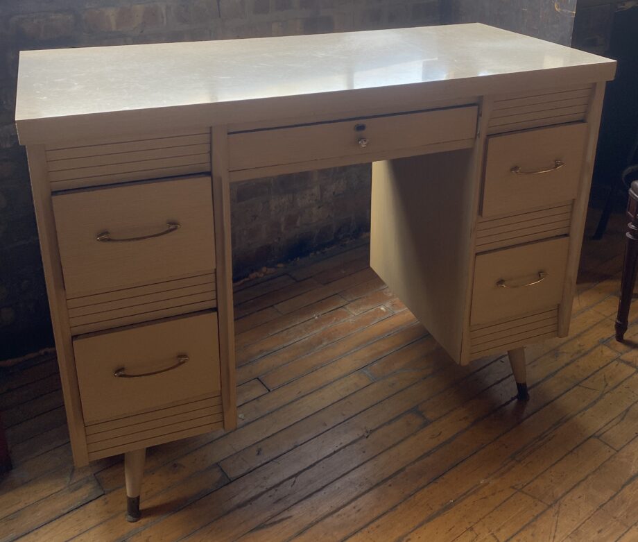 Ivory Veneer 5 Drawer Desk w Gold Handles