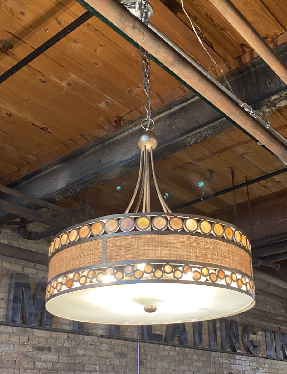 5 Light Round Burlap and Circle Stained Glass Hanging Fixture