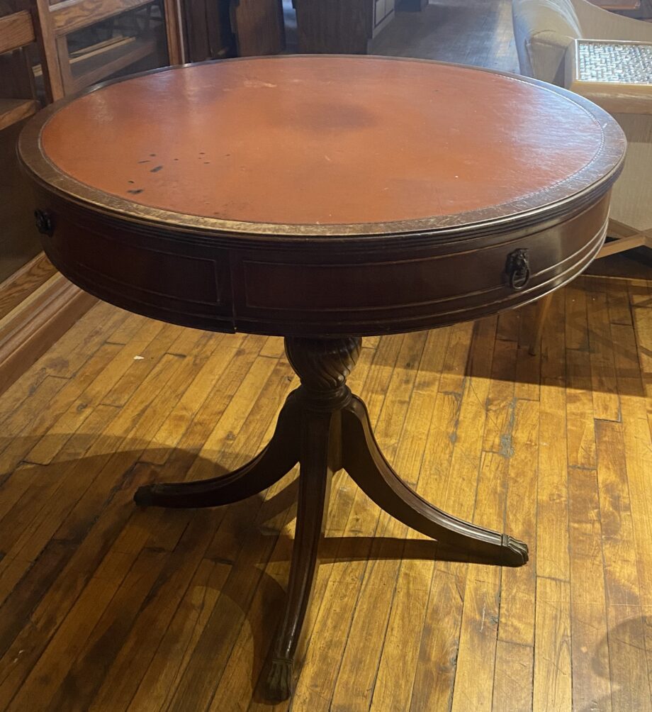 Round Orange Leather Top Drum Table w Lion Pulls