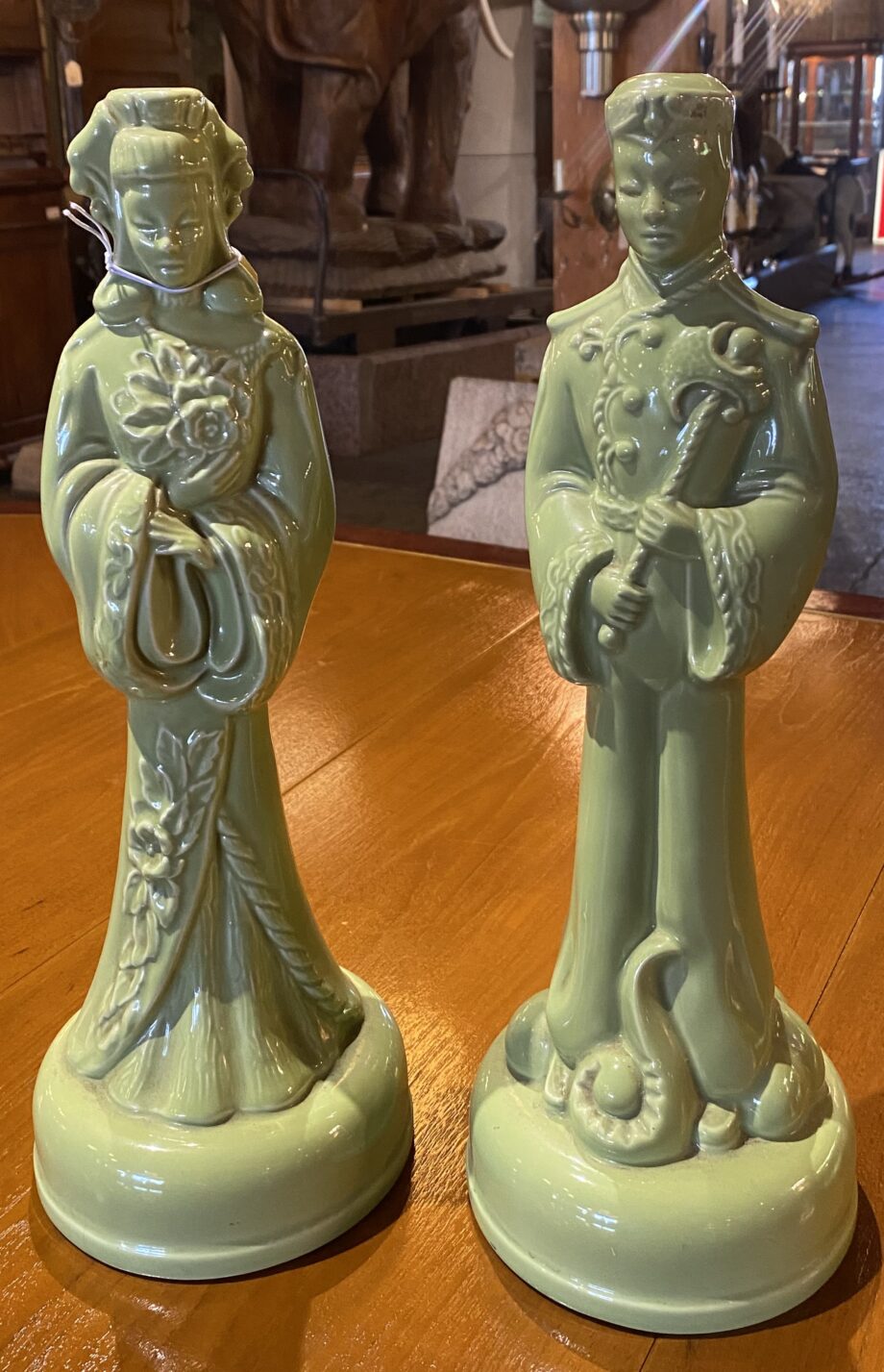 Pair MCM Asian Style Green Lamp Stands