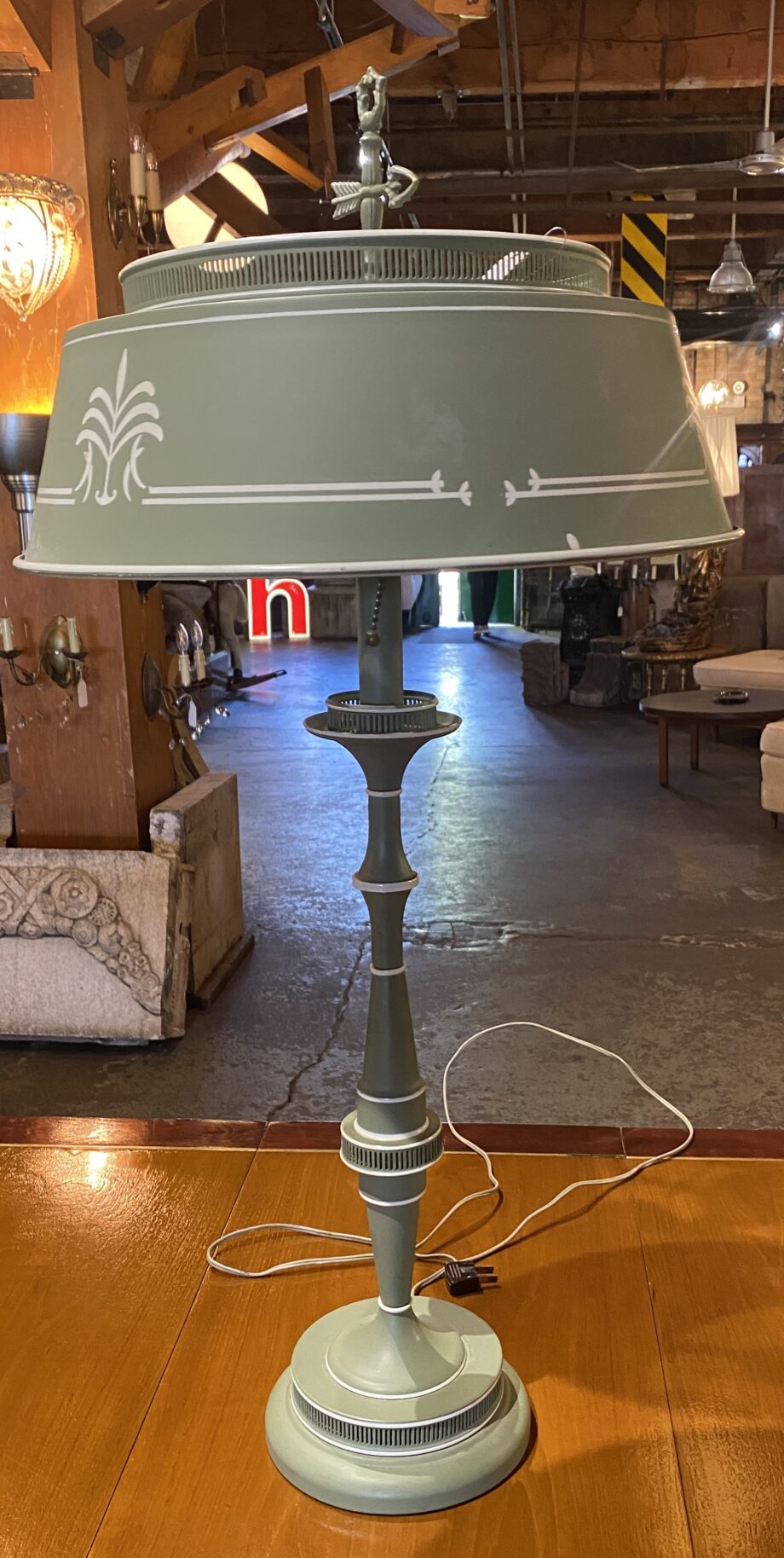 Green and White Pinstriped Metal Table Lamp