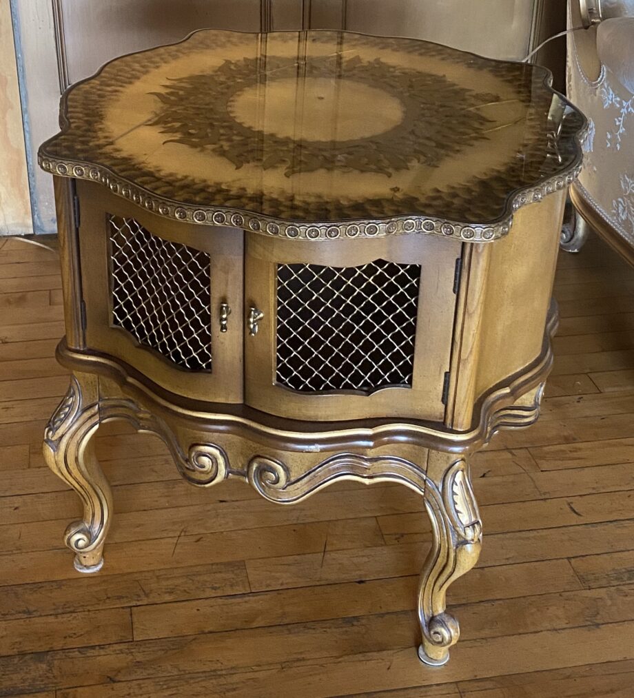 Glass Top Wavy Edged Gold Side Table w Two Doors