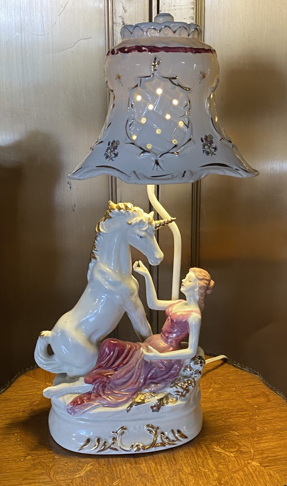 Porcelain Lamp w Woman and Unicorn w Porcelain Shade