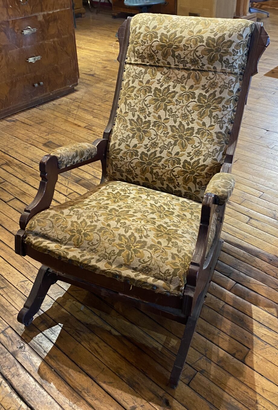 Olive Tan and Beige Antique Rocking Chair