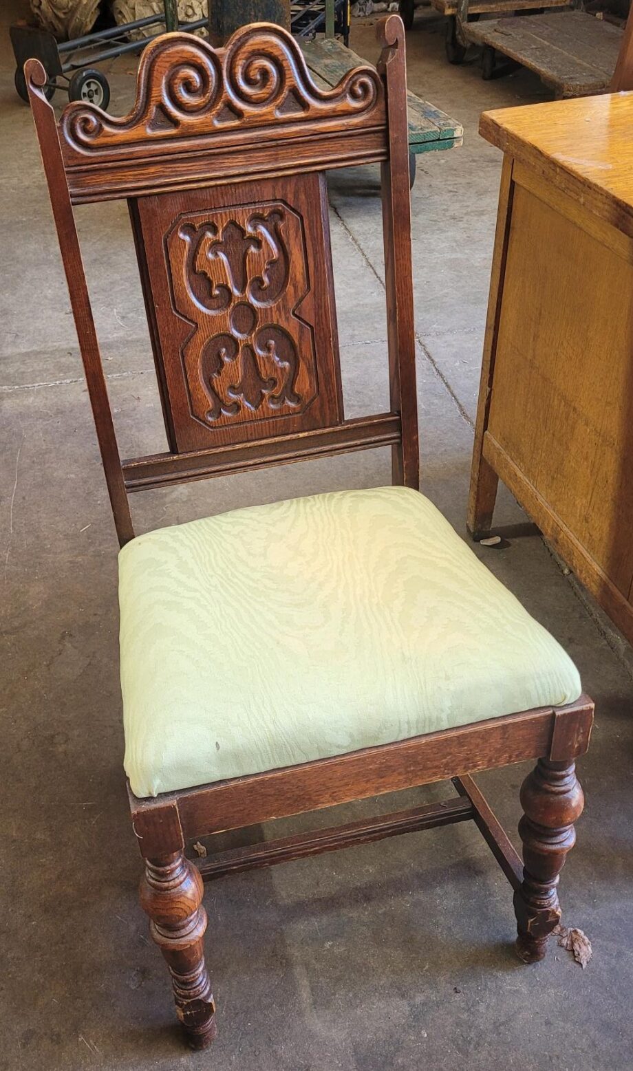 Carved Wood Mint Upholstered Chair