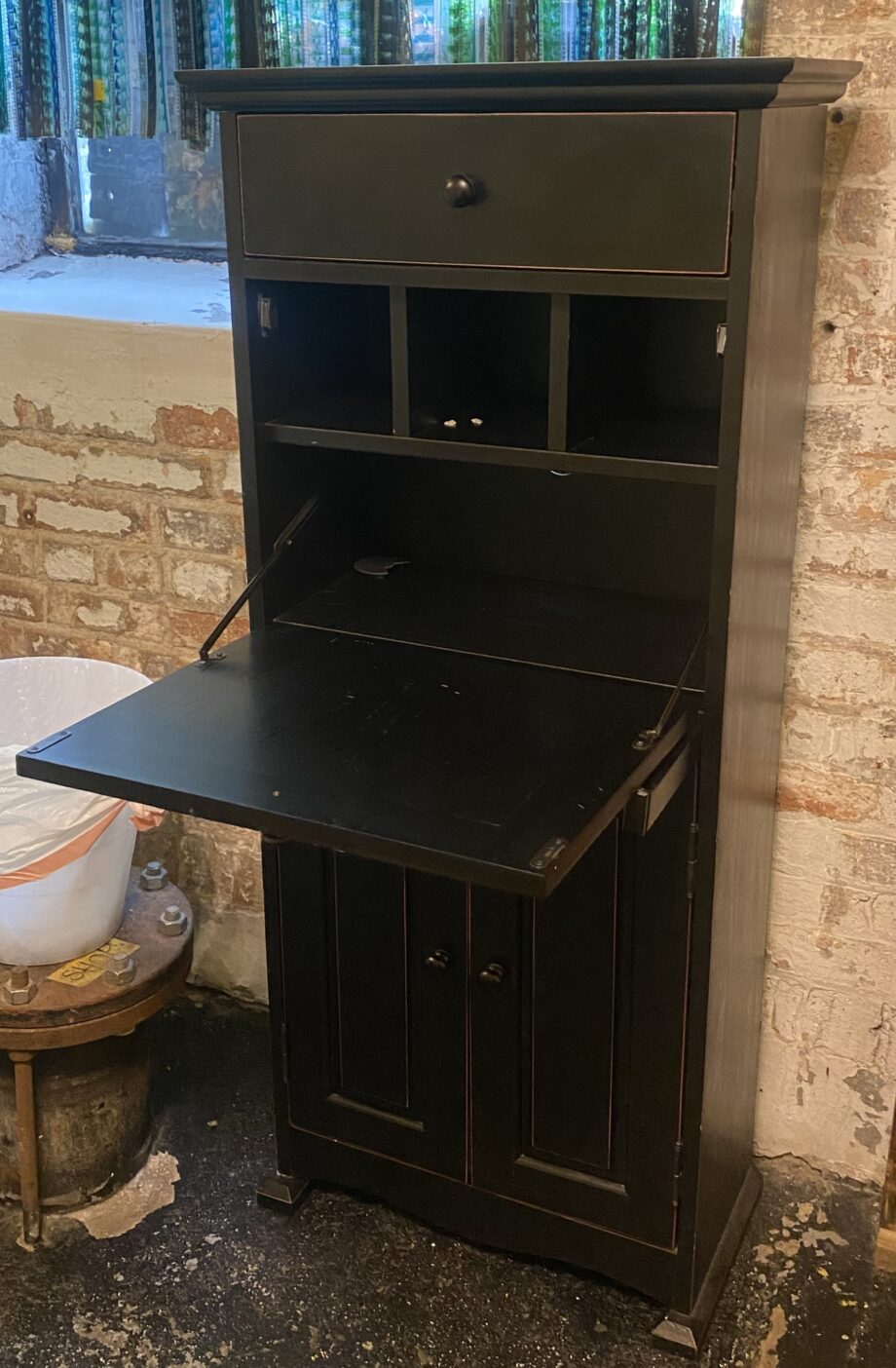 Black Wood Storage Unit w Fold Out Table