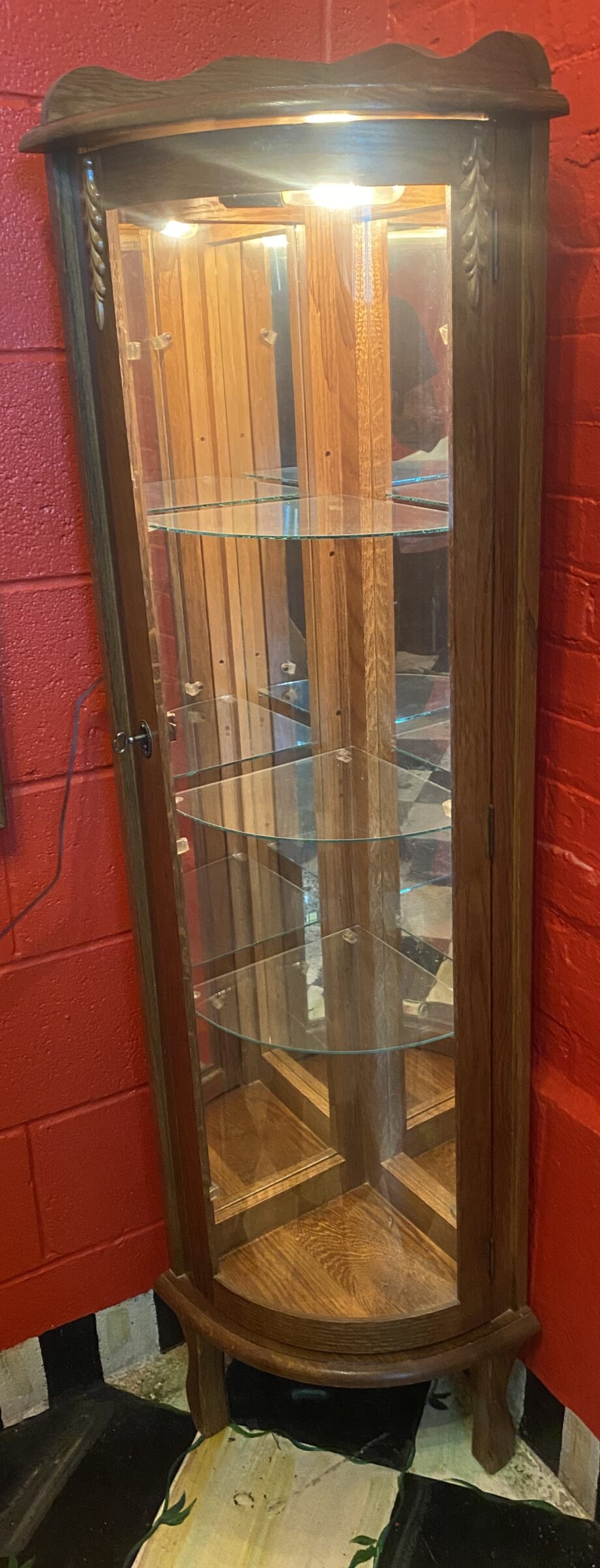 Curved Glass Corner Curio Cabinet w Mirror Back