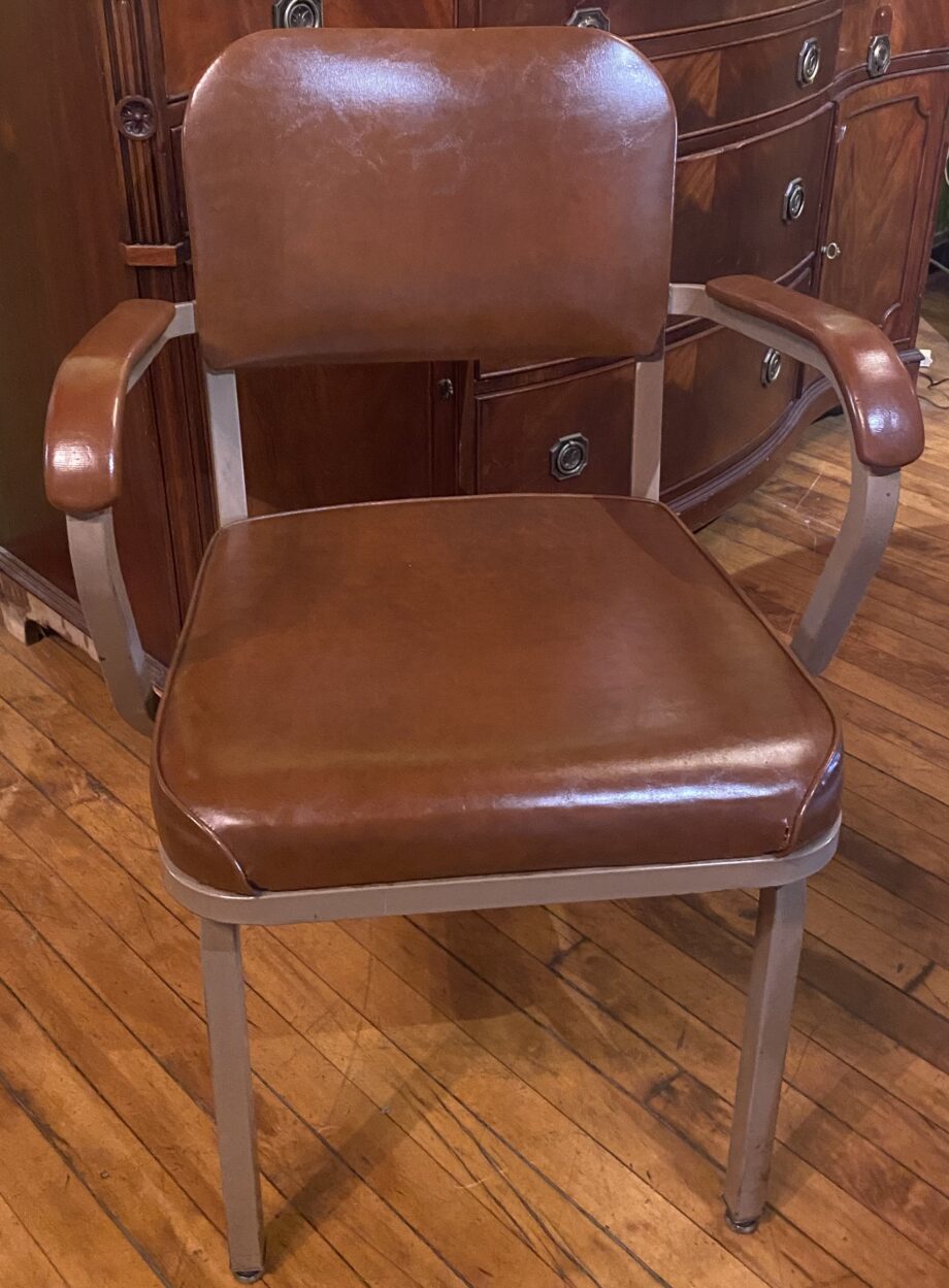 Brown Vinyl and Tan Metal Chair w Arms