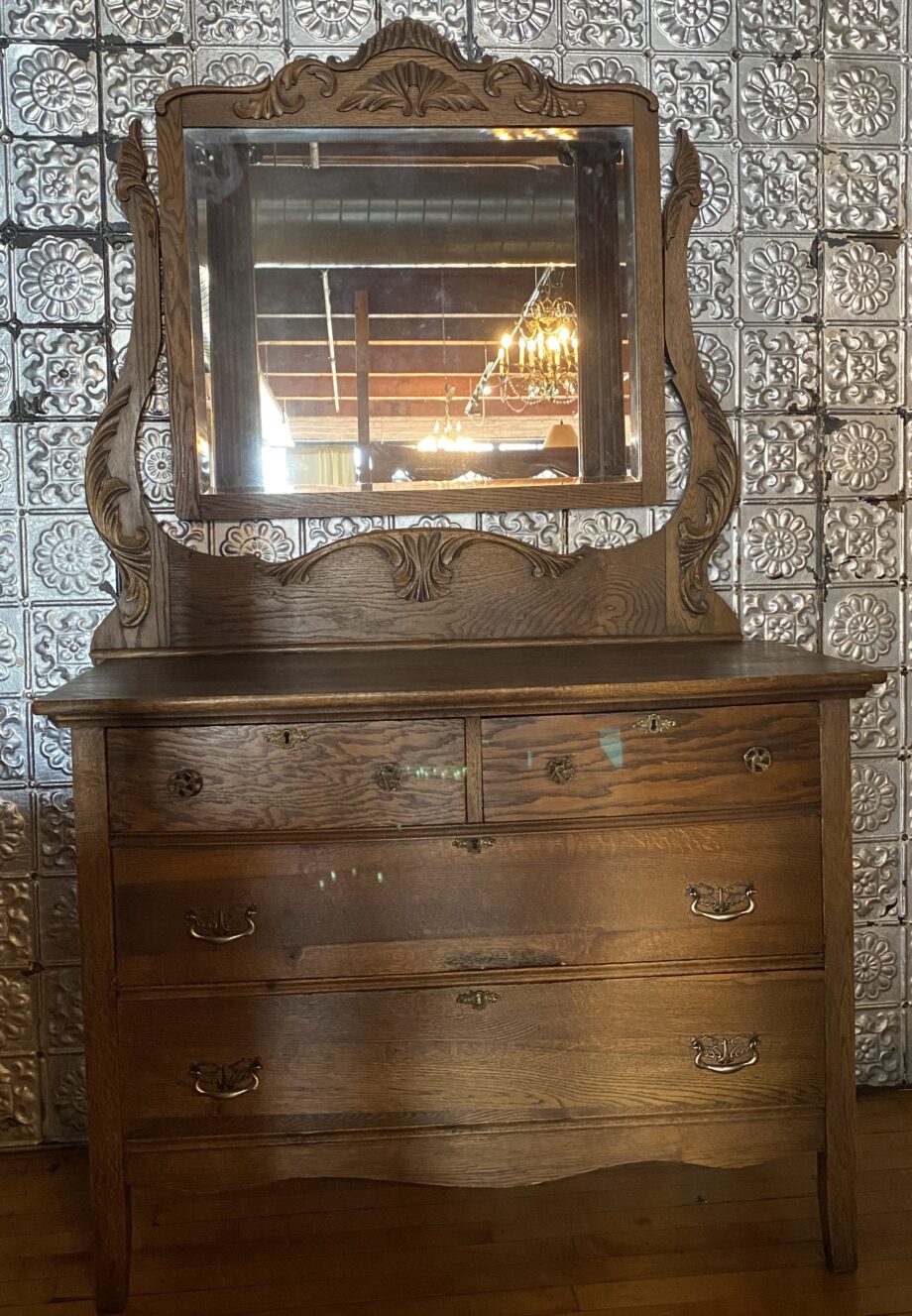 Raw Finished Antique 5 Drawer Dresser w Mirror and Fabric Lined Drawers