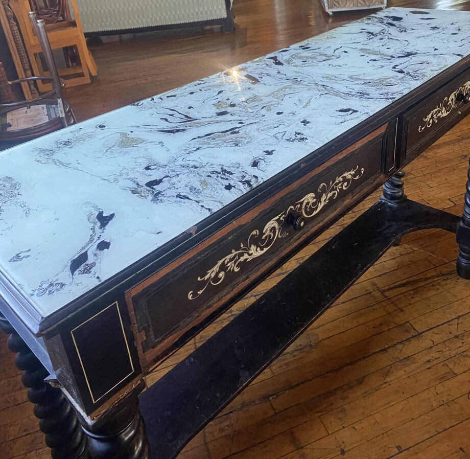 Faux Marble Glass Top Black Hall Table