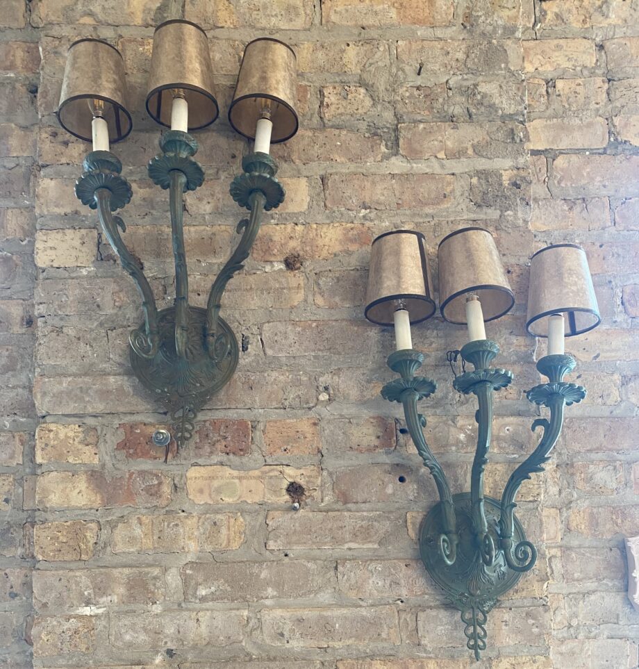 Pair Triple Light Antique Sconces w Mica Shades