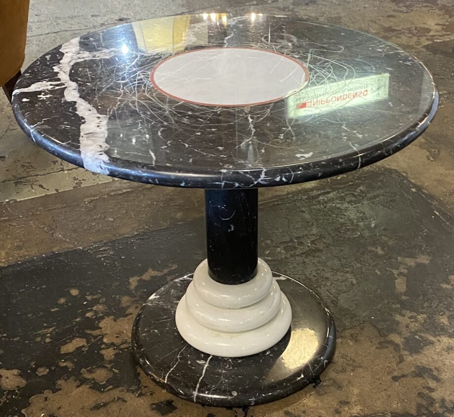 Round Black Marble w White Inlay End Table