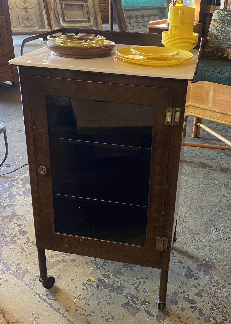 Metal Rolling Cart w Glass Door and White Top