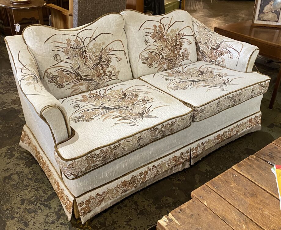 Cream Brown and Tan Loveseat w Floral Design