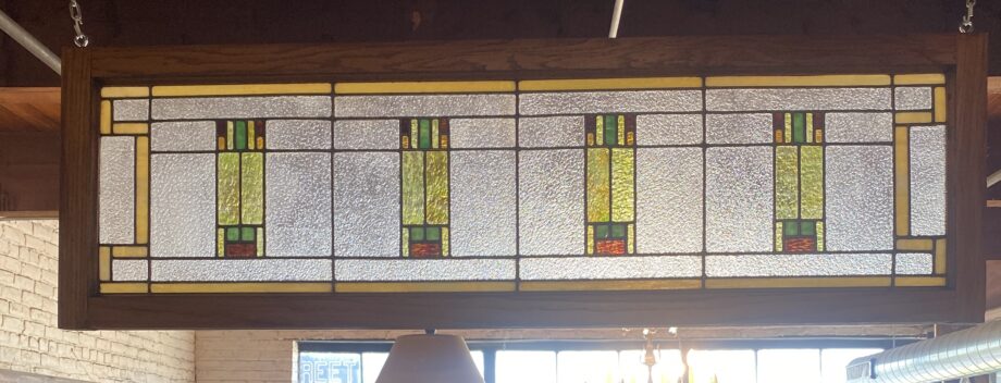 Frank LLoyd Wright Style Transom Stained Glass w Green Brown and Yellow