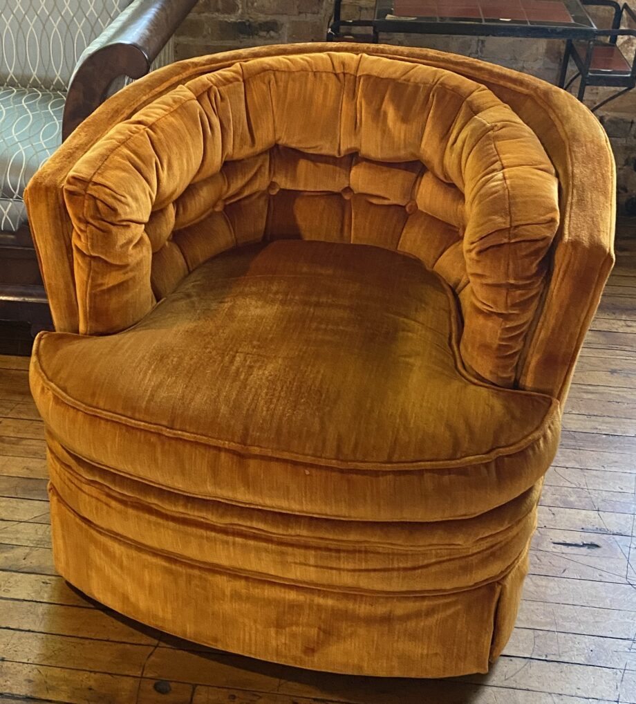 Low Barrell Back Velvet Orange Tufted Swivel Chair